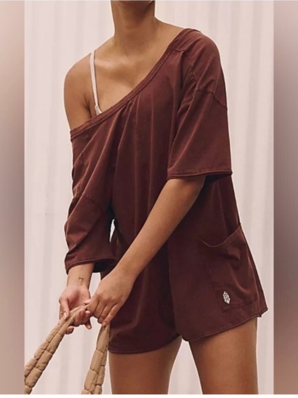 Free People Off-Shoulder Short Romper in Dark Espresso Brown